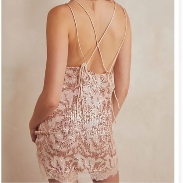Free People Rise & Shine Embellished Shimmer Lace Strappy Sequin Mini Dr… - Image 4
