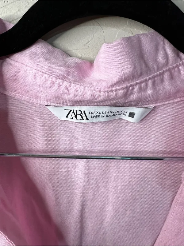 Zara Linen Blend Pink Oversized Cropped Button Down Travel Vacation Preppy Shirt - Image 3