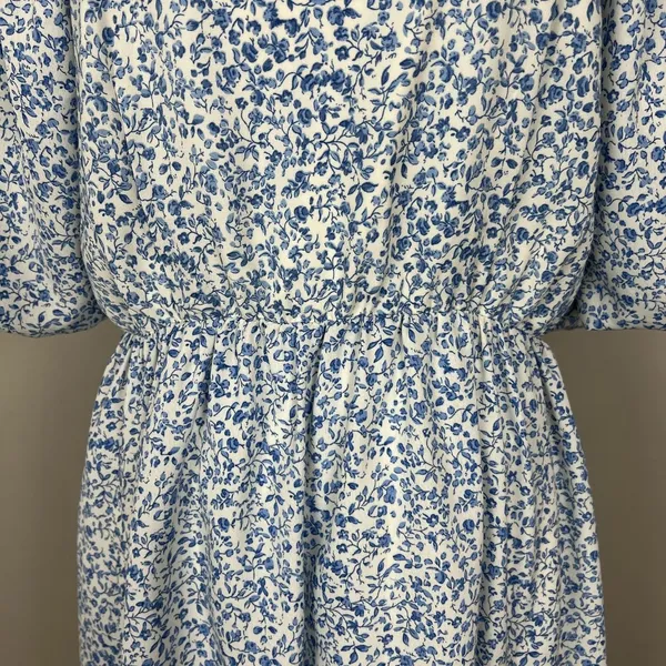Mikarose Dress Womens Large Blue Floral Puff Sleeve Milkmaid Smocked Pockets‎ L - Image 6