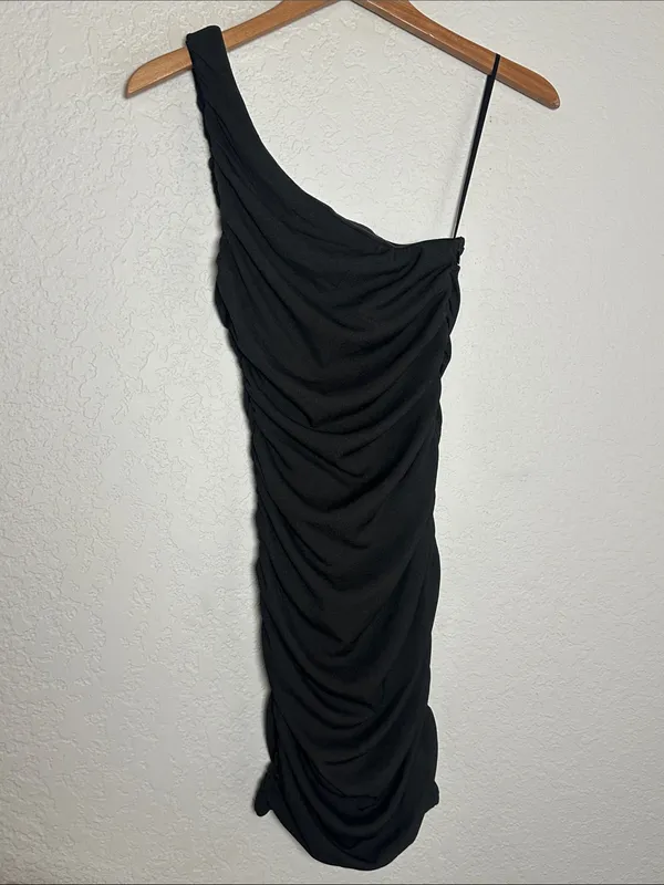 Hello Molly Black One Shoulder Mini Dress Ruched Date Night Sexy Viral Vlogger - Image 2