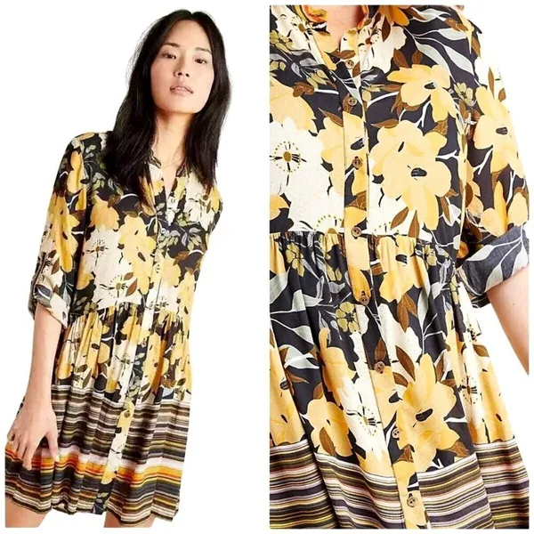 Anthropologie Blank‎ London Yellow Floral Button Front Hadley Tunic Dress XS - Image 2