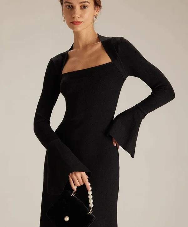 RIHOAS The Black Square Neck Flare Sleeve Midi Dress 72 - Image 3
