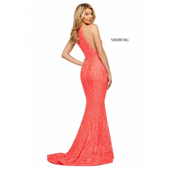 NWT Sherri Hill 53361 Coral Stretch Lace High Slit Halter Gown Dress Size 8 - Image 3