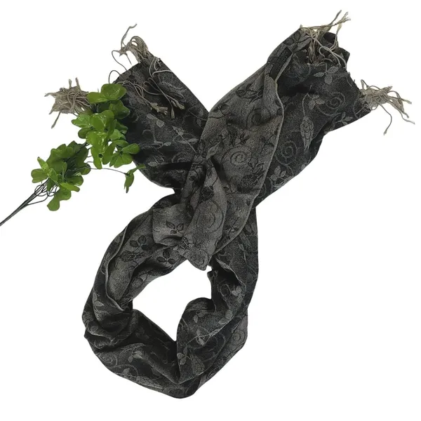 Women's Black Beige Floral Pashmina Scarf Viscose Acrylic Elegant Fringe Wrap - Image 2