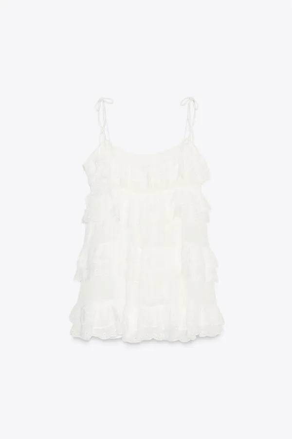 Zara White Ruffled Tie-Shoulder Bohemian Lace Trim Mini Dress - Image 12