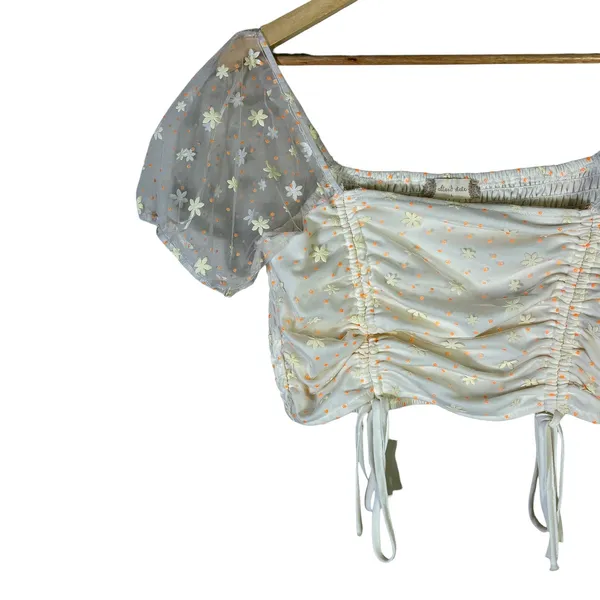 Altard State Floral Embroidered Mesh Ruched Crop Top Cream Large NWT - Image 3