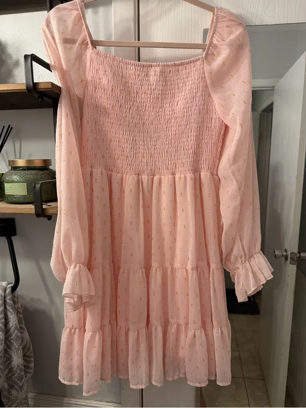 Altar'd State Pink Smocked Tiered Dress with Gold Details - Image 3