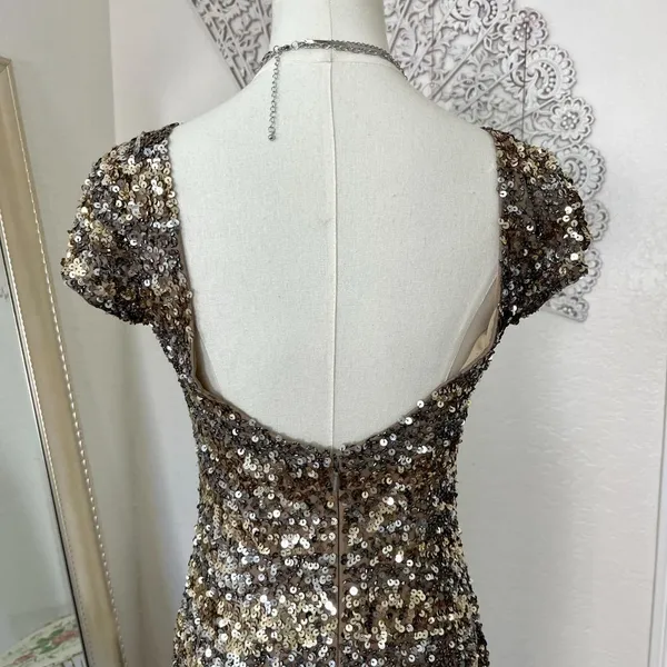 Scala 100% Silk Gold & Silver Sequin Mini Dress Size 0 / fits S - Image 3