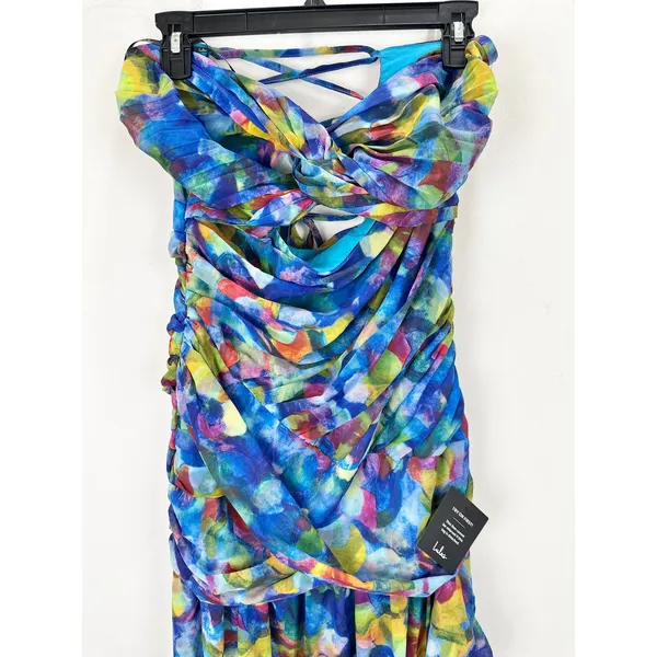 Lulus Jeniah Blue Multi Abstract Print Drop Waist Maxi Dress Formal Medium NWT - Image 9