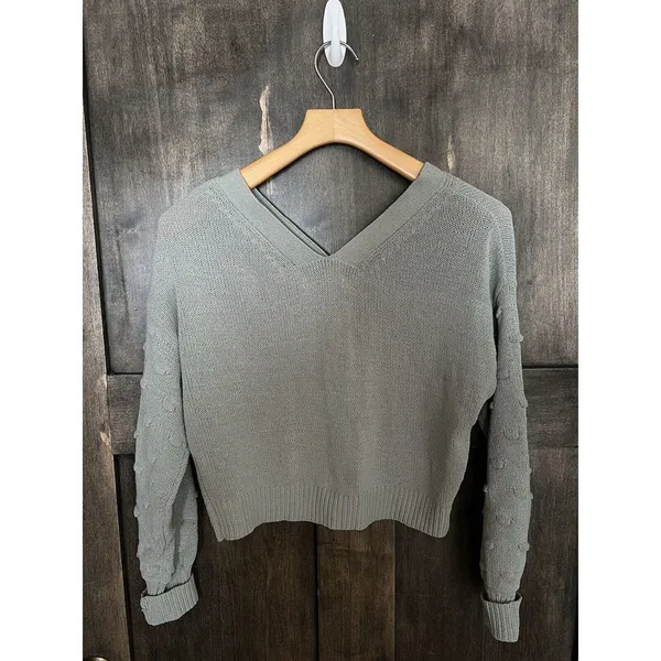 Moon and Madison Button Cardigan Sweater Knit Wide‎ V-Neckline - Cropped sage L - Image 3