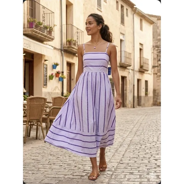 ChouYatou Purple Stripe Maxi Sundress NEW Women Size Medium As Seen On tiktok - Image 9
