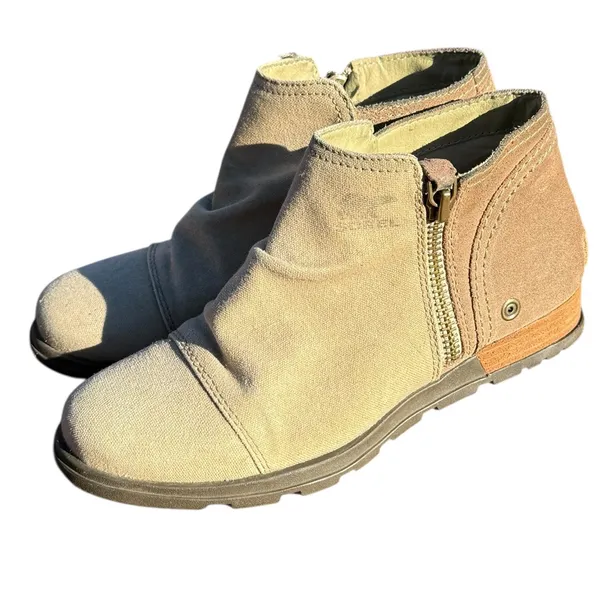 Sorel Major Low Women’s Ankle Boot‎ Tan / Flax Canvas & Suede Combo Sz 7 Hiking - Image 2