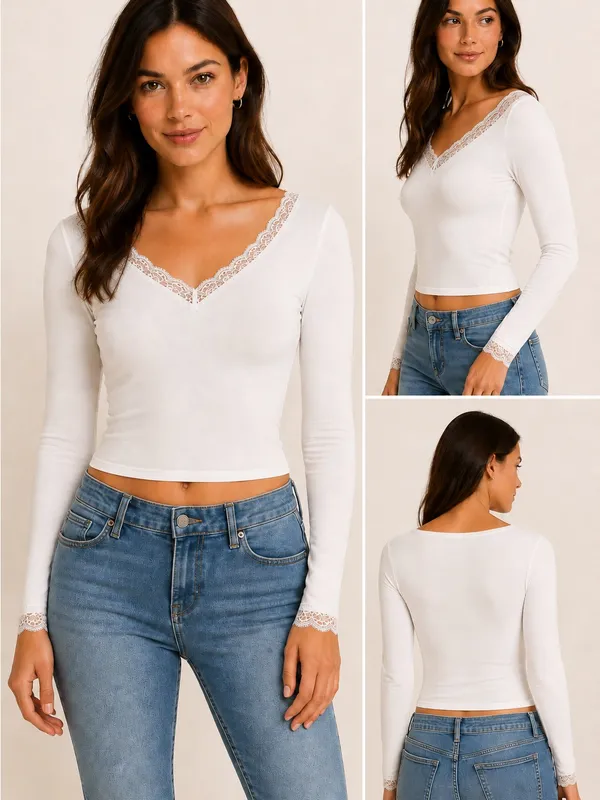 CUPSHE White Lace Trim Long Sleeve Top Size S NWT Romantic Coquette Y2K - Image 2