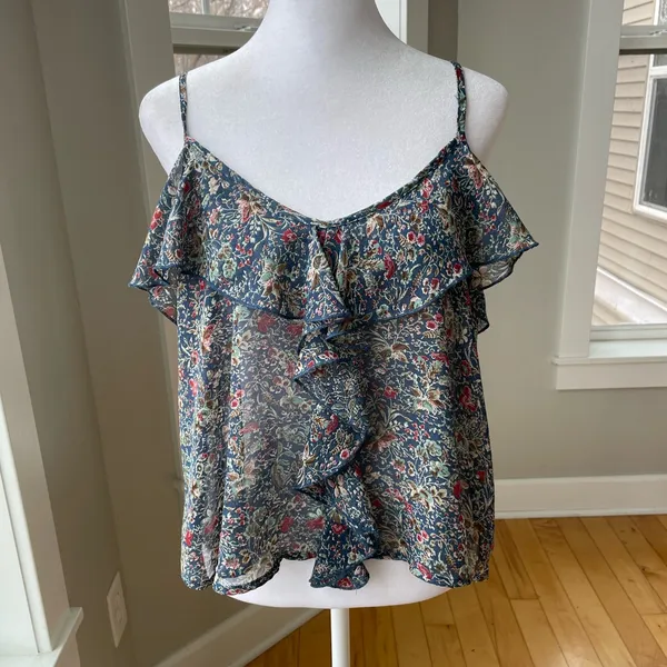 Vintage Y2K About A Girl Y2K Sheer Navy Floral Crop Ruffle Cami Tank Top Medium - Image 8