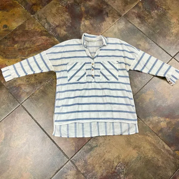 Zara Basic White Blue Striped V-neckline 3/4 Sleeve Blouse XS - Image 3