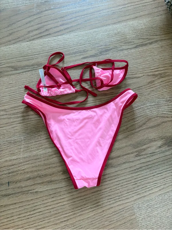 Frankie's Bikinis Pink with Red Trim Triangle Bikini Set - Image 4