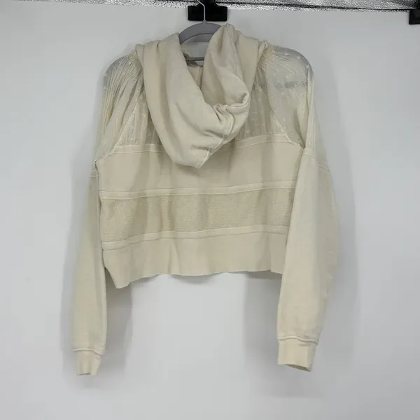 Free People‎ XS Cream Eyelet Mixed Media Cropped Oversized Hoodie Sweatshirt - Image 2