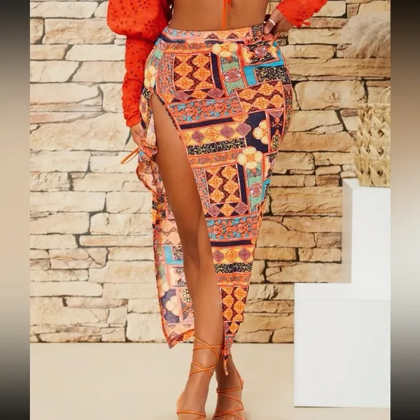 Orange print slit midi mini skirt - Image 2