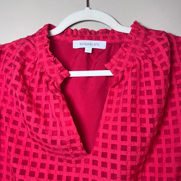 Sugarlips Gretna Organza Check Puff Sleeve Blouse Red M - Image 4