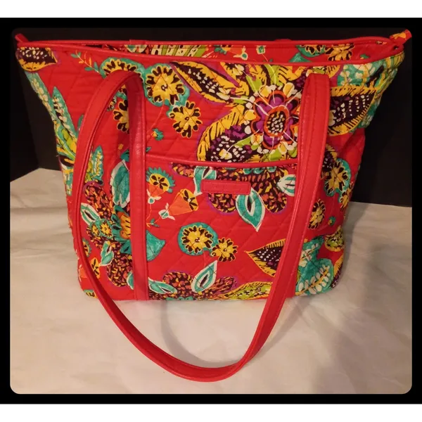 Vera Bradley Tote Bag Women Large Red Multi Floral Quilted Shoulder Handbag - Image 3