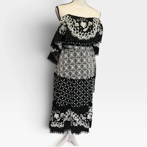 Anthropologie Black Embroidered Cotton Midi Dress Smocked Waist Pom Pom Trim 12 - Image 3