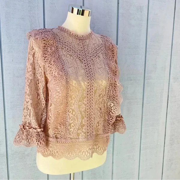 Melograno Rico Lace Blush Blouse See-through Top Long Sleeve Size Small - Image 7