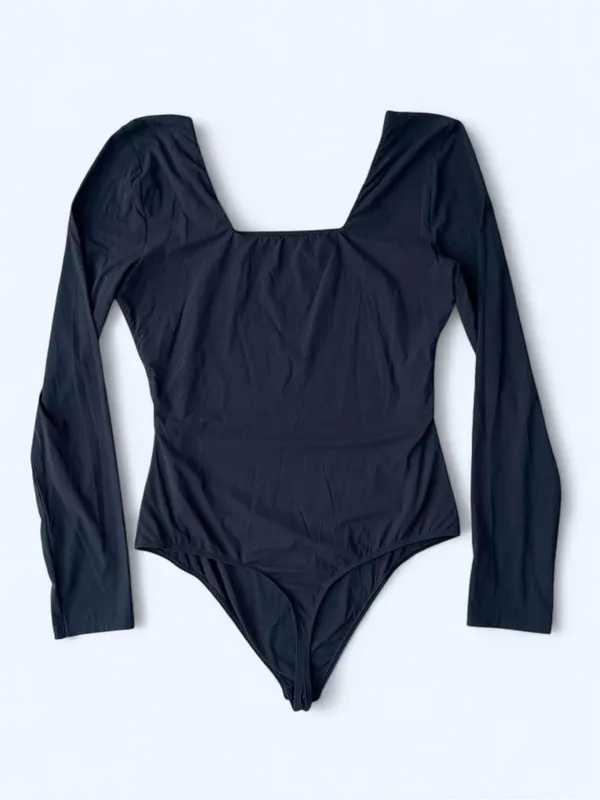 Quince Black Long-Sleeve Square Neck Bodysuit minimalist classic essentials L - Image 4