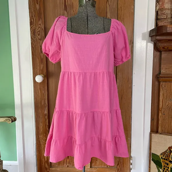 Luukse Bright Pink Tiered Babydoll Dress Puff Sleeve Cottagecore XL💛 - Image 8
