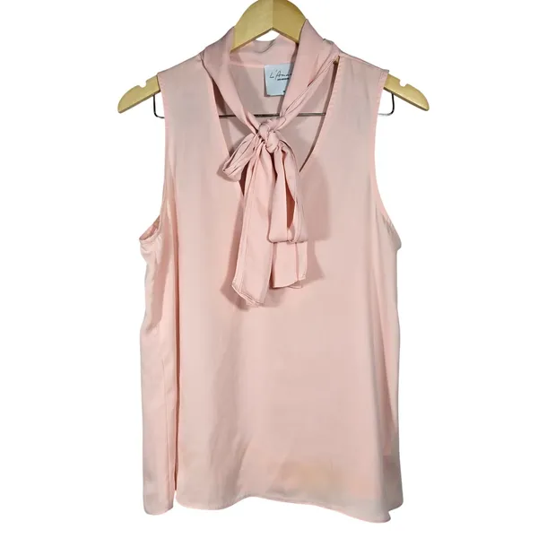 L'Academie Los Angeles Pink Sleeveless Tie Neck Blouse Top Medium M Button Front - Image 3