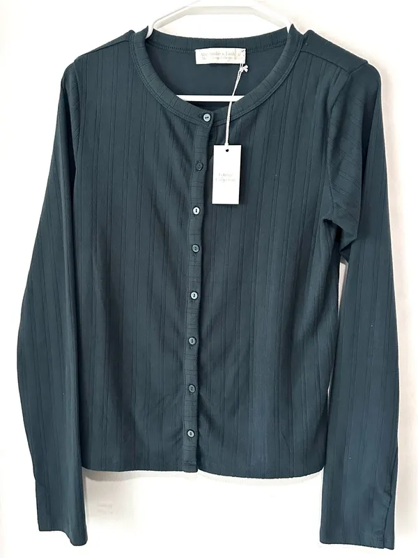 Abercrombie & Fitch Pointelle Pyjama Cardigan Co-ord in Green Medium - Image 3