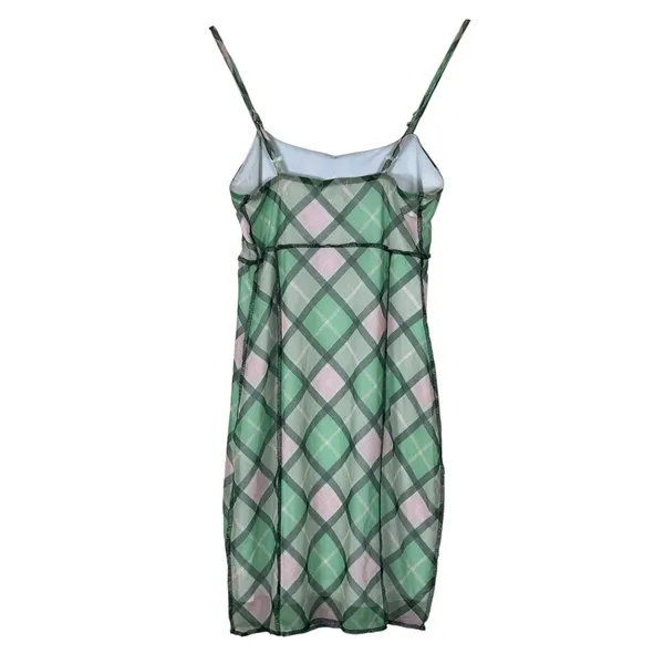 Rue21 Mini Dress Womens M Green Pink Plaid Mesh Bow Sheer Lined Coquette Y2K - Image 4