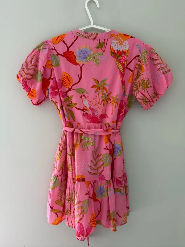 NWT J. Marie Pink Tropical Bird Print Puff Sleeve Mini Dress XS - Image 6