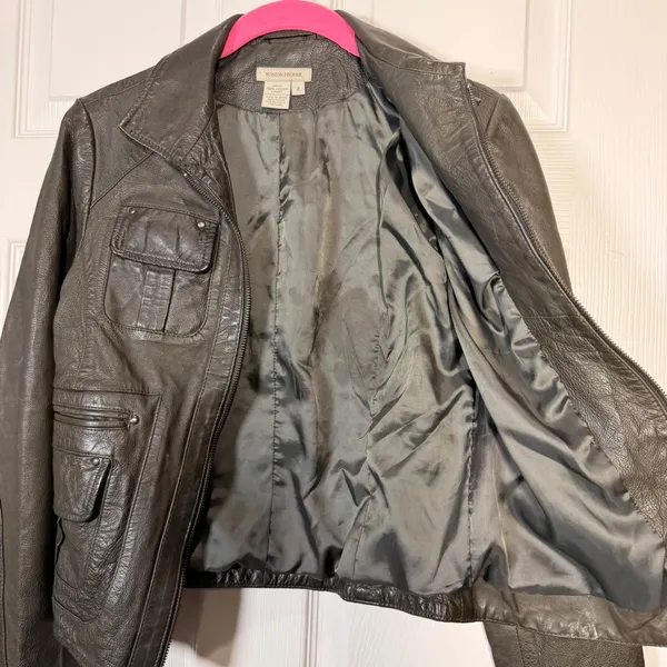 Boston Proper Leather Moto Jacket‎ Women's Size 2 Olive Green Zip Front Pockets - Image 9
