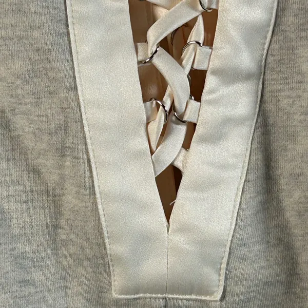 Endless Rose Beige Ribbed Bell Sleeve Lace‎ Up Front Cropped Sweatshirt Top M - Image 4