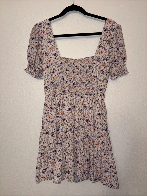 Altar'd State Purple Floral Smocked Mini Dress Tiered Puff Sleeve Medium - Image 2