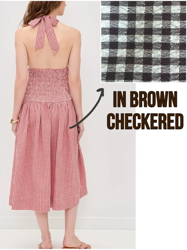 Wayf Brown and White Checkered Halter Midi Dress - Image 4