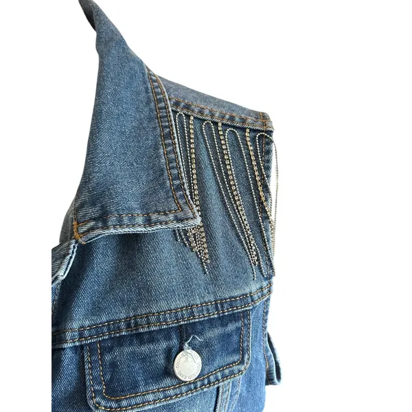 Denim BLVD LA Jean vest fringe rhinestones western cowgirl Large classic rodeo - Image 7