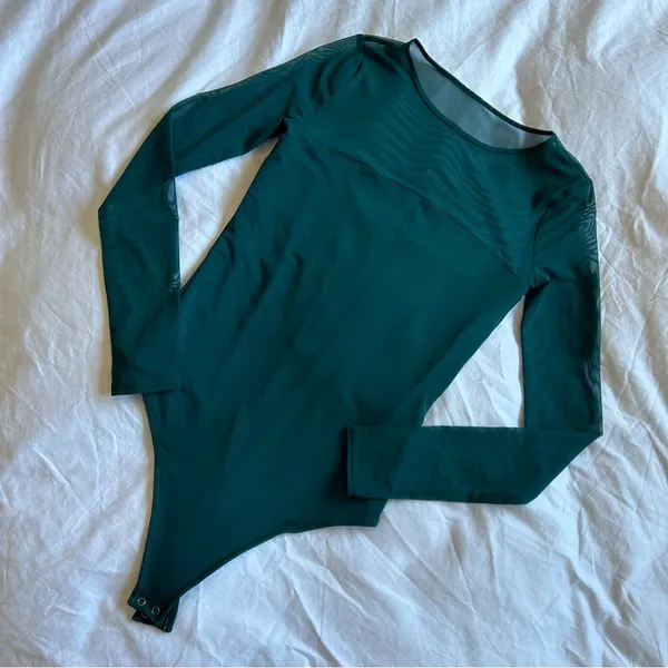 Abercrombie & Fitch Women Long-Sleeve Mesh Crew Bodysuit Teal Green - Image 3