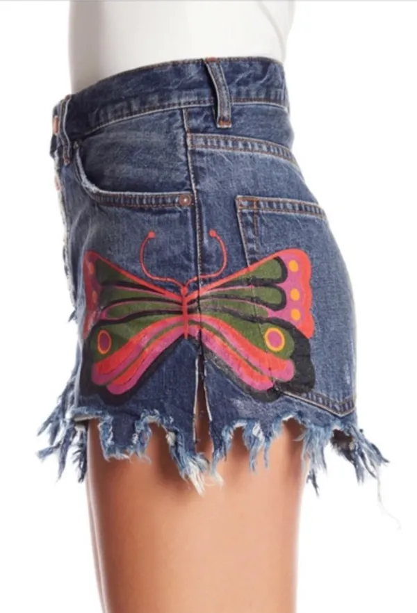 Free People Distressed Denim Butterfly Shorts - Image 3