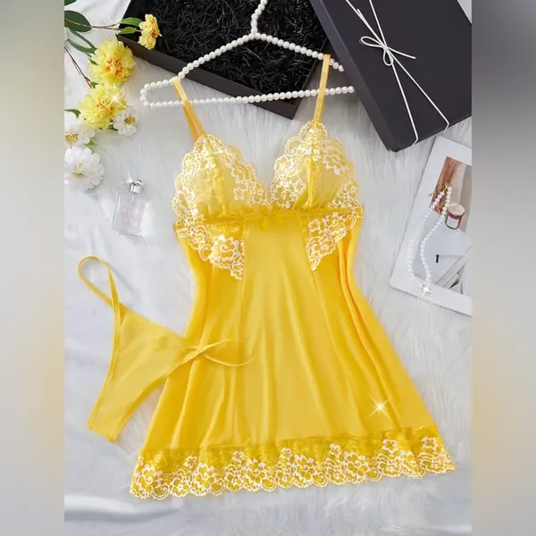 NWT New Fashion Yellow Lace Nightgown Slip Dress Size S - Image 3