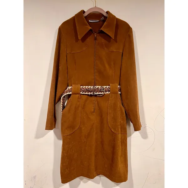 Vintage Amanda Smith Faux Suede Shirt Dress With Boho Braided Belt Tan Size 10 - Image 3