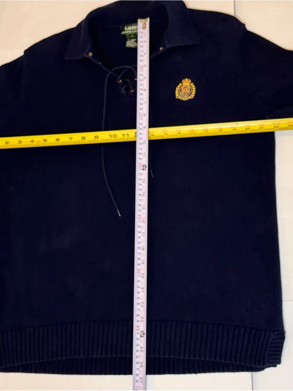 Lauren Ralph Lauren Lace Up Sweater L Navy Crest Cotton Knit Collared Preppy - Image 8