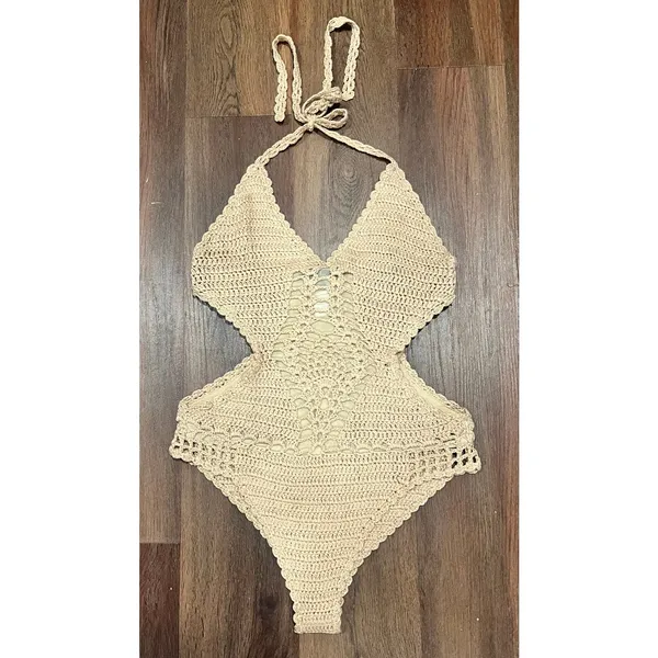 Lulus Beige Crochet Cutout Bodysuit One Piece Swim Coverup Festival Boho Medium - Image 5