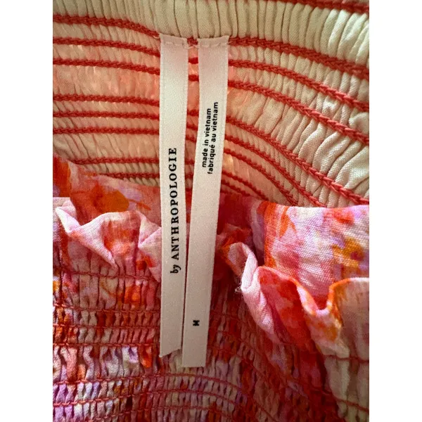 Anthropologie Smocked Babydoll Midi Dress Pink Orange Floral M Medium - Image 3