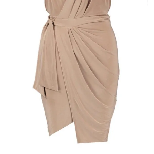 Boohoo Asia Slinky Wrap Tie Detail Bodycon Dress in Sand Size 6 - Image 3