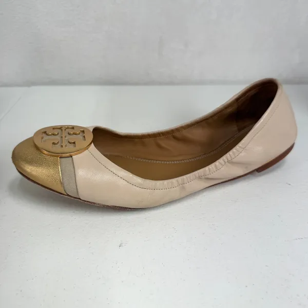 Tory Burch Minnie Womens 8.5 Cap Toe Logo Beige Gold Ballet Flat Slip On Shoe - Image 7