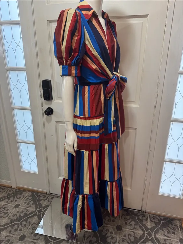 Farm Rio Stripped Multicolor Winter Stripes Short Sleeve Midi Dress Sz Medium - Image 8