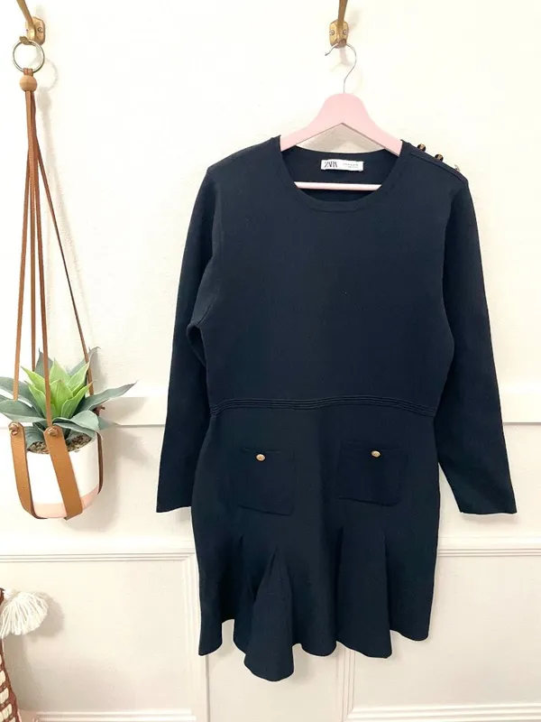 Zara Pleated Knit Dress With Gold Button Navy Blue Long Sleeve XL Quiet Luxury - Image 3