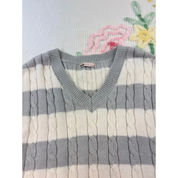 SO Cable Knit Sweater Vest Top - Striped S Gray Cream Cropped Preppy‎ Academia - Image 6
