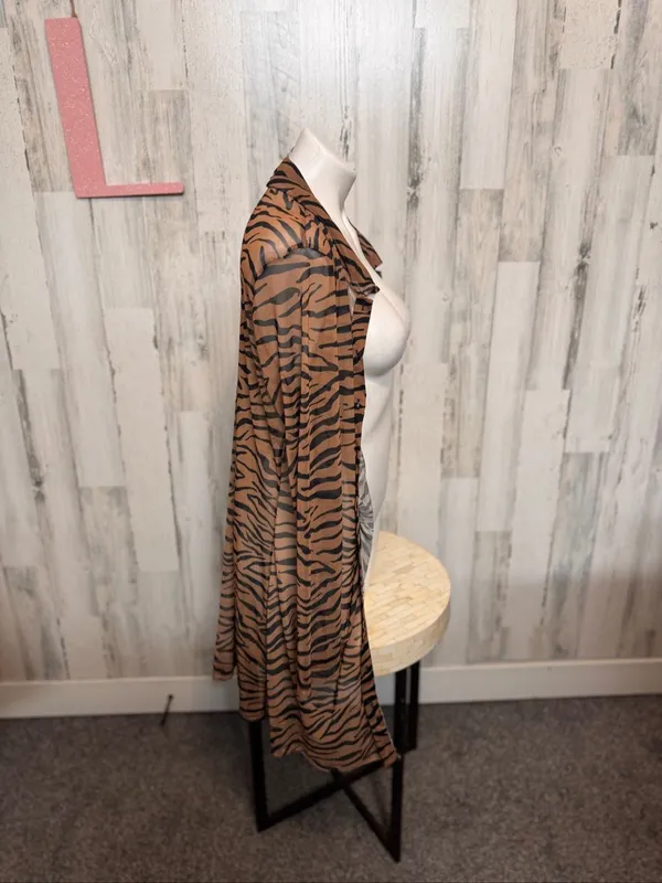 Wild Fable Tiger Zebra Striped Sheer Mesh Duster Cardigan Womens Large Brown - Image 3